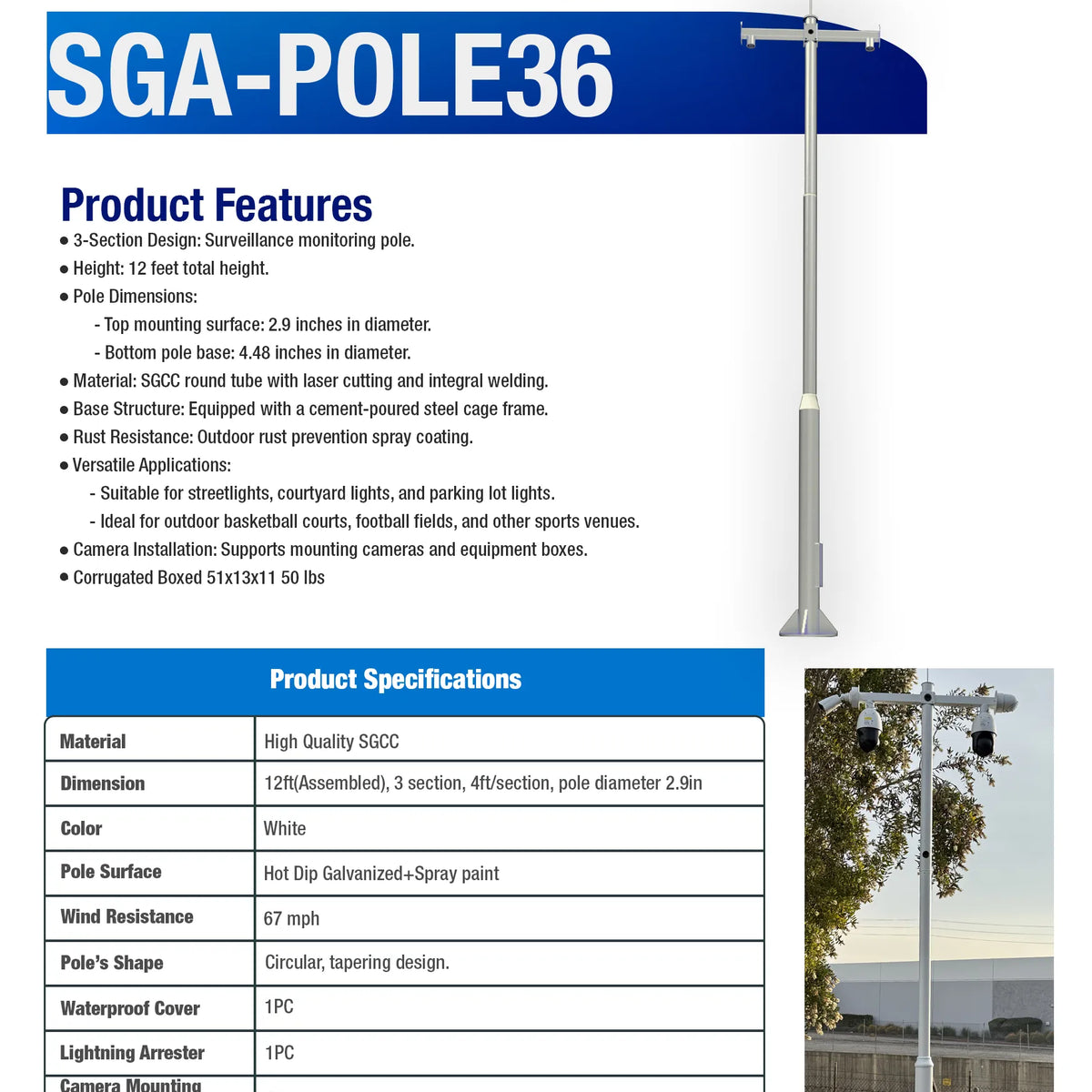 Pole 36 Inch SGA-POLE36 || Surveillance Pole – SunGuardian